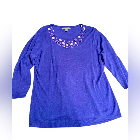 💜 Josephine Chaus 2X Plus sz Purple Acrylic Top Gem Embellished Neckline 💜 - Picture 1 of 6